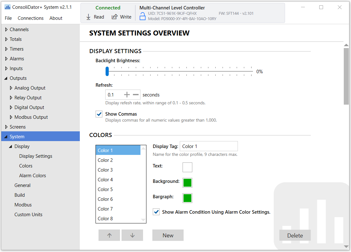 ConsoliDator+ Software System Display Settings Screen