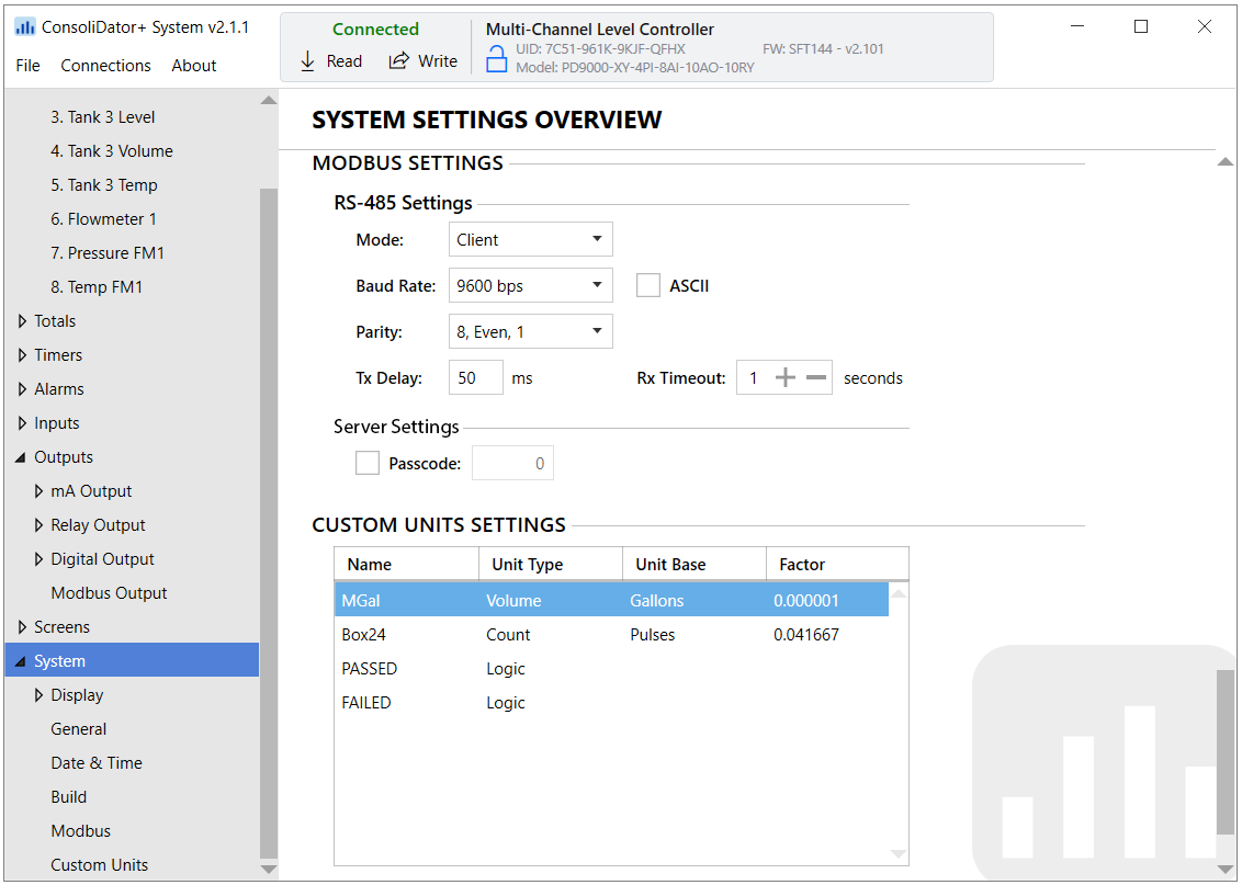 ConsoliDator+ Software Modbus Settings Screen