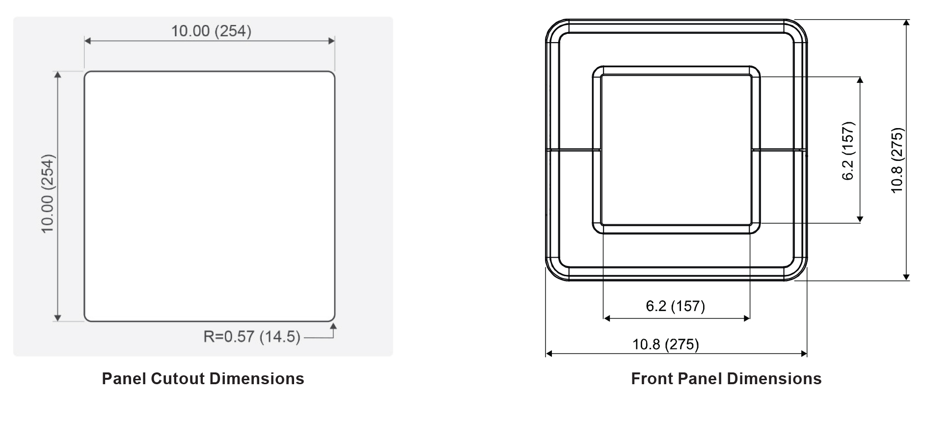 PD9000 Panel Cutout Dimensions and Front Panel Dimensions