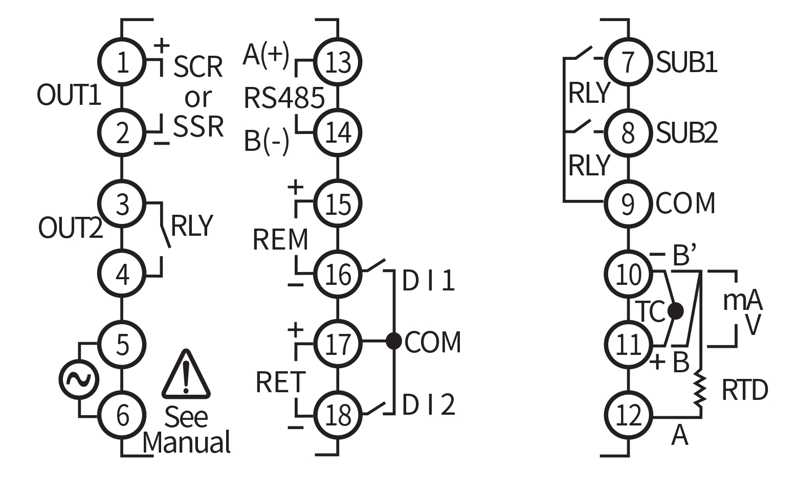 PD510-A or -S (1/16 DIN) Connections