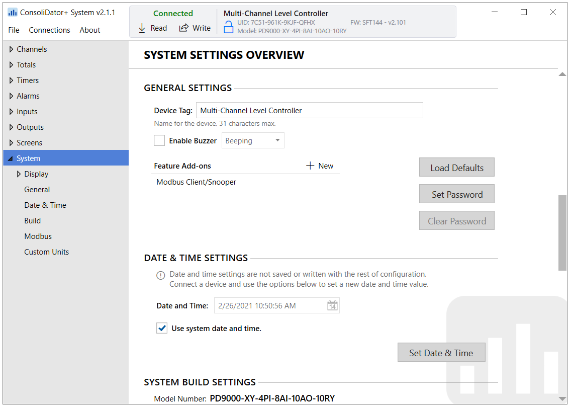 ConsoliDator+ Software System General and Build Settings Screen